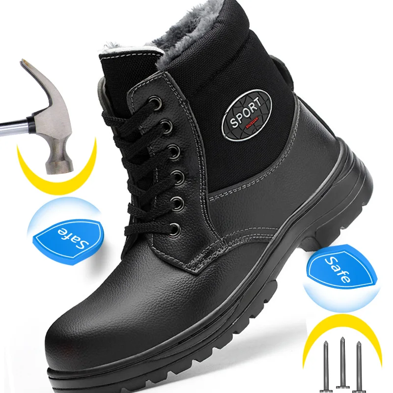Male Work Shoes Plush Warm Winter Boots Men Steel Toe Shoes Work Safety Boot Indestructible Safety Shoes Men Boots Free Shipping