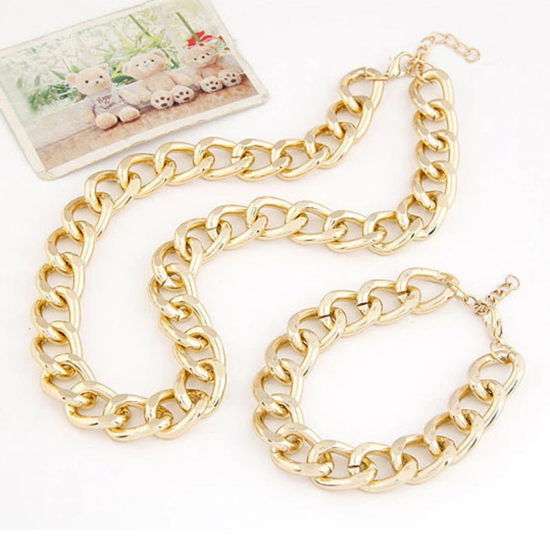 

New Fashion Gold-Color Chain Vintage Big Chunky Bracelet Necklace Jewelry Sets Girls Women Man Gift Trending Products 2022