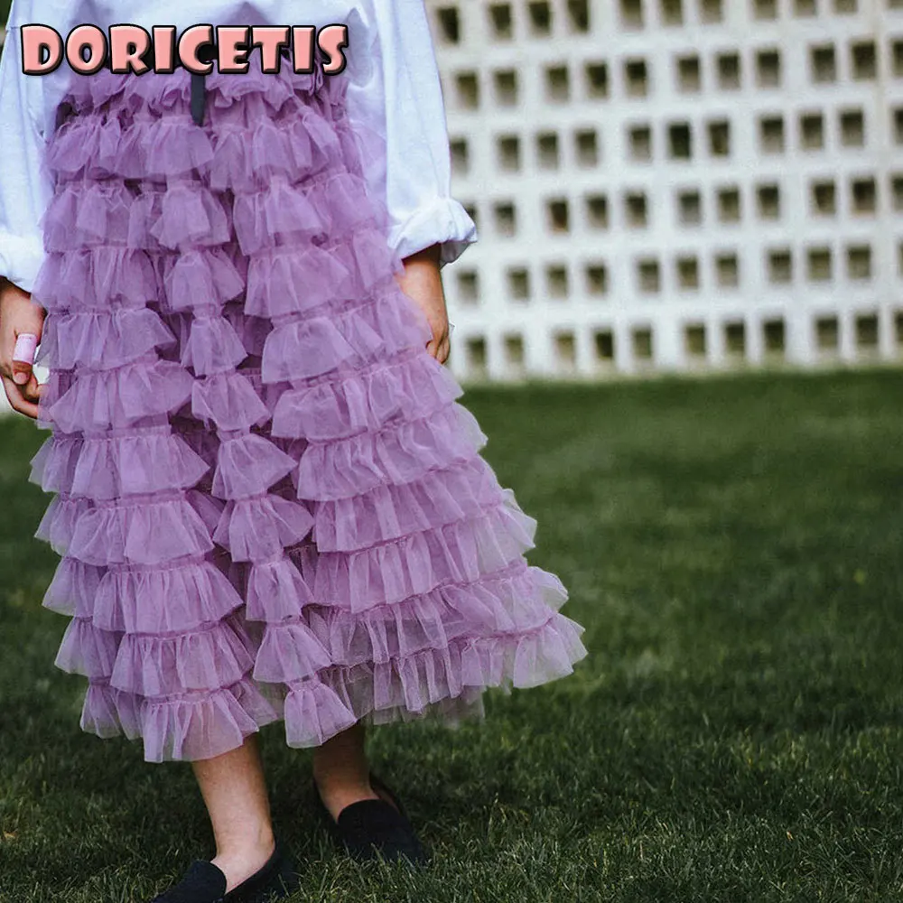

Children Skirt Solid Color Layered Mesh Fluffy Ankle Length Skirt Little Girl Spring Summer Go Travel New Fashion Princess Dress