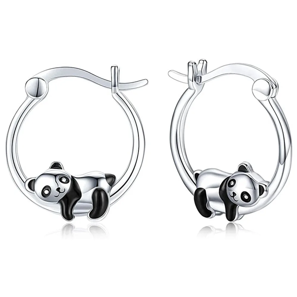 

2023 New Black Panda Hoop Earrings for Women Cute Girls Circle Silver Color Fashion Versatile Ear Jewelry Gifts