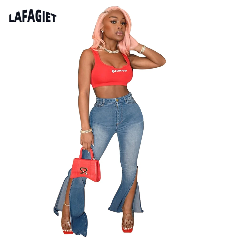 

Denim Collab 2022 Fashion Side Of Leg Split Women's Jeans Loose High Waisted Bell Bottom Ladies Vintage Streetwear Casual Jeans