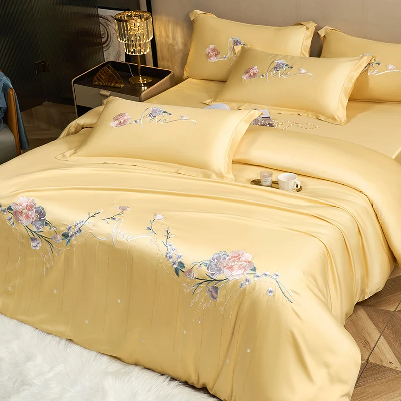 

Роскошный комплект постельного белья с цветочной вышивкой пиона, блестящий комплект постельного белья, простыня, наволочки (размер Queen/King, 4 цвета)