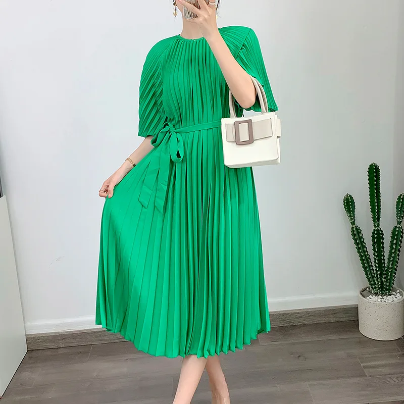 YUDX Miyake Pleated Handmade 2023 Summer New Solid Color Fashion Long Skirt Women's Large Size Lace-up LOOSE Sexy Dress
