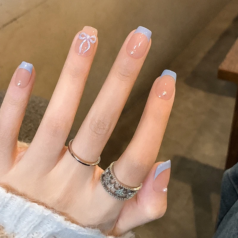 10Pcs Removable Wearable False Nail Art Bowknot Design French Blue Edge Fake Nails Press on Tips Supplies faux ongles