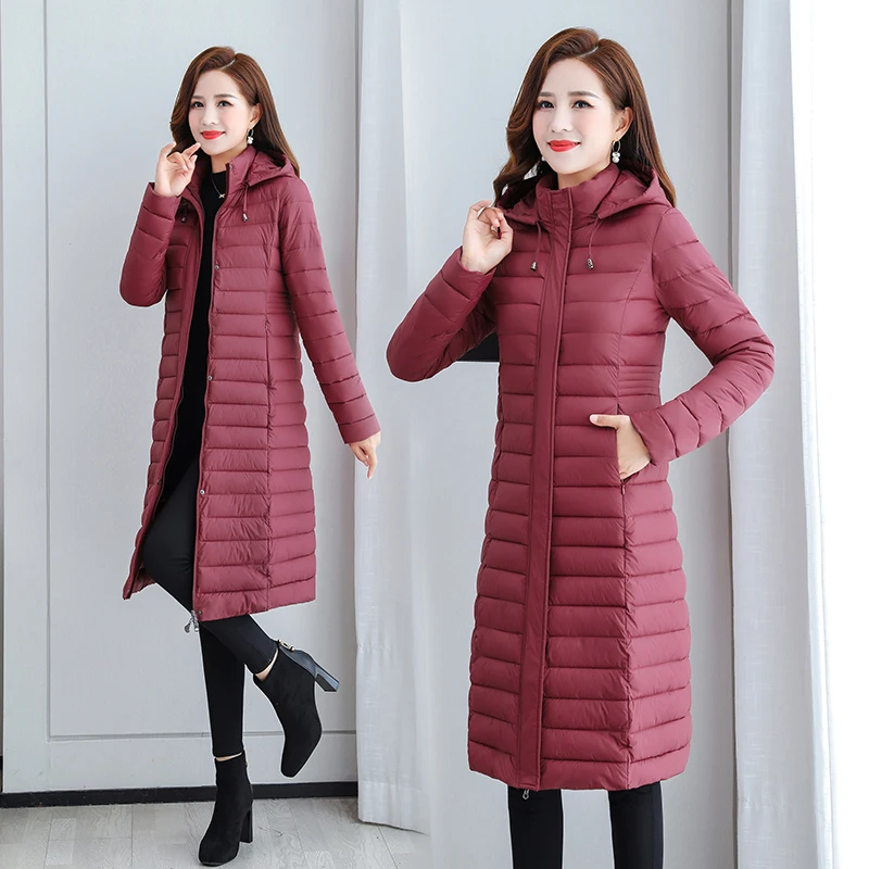 2022 Women's Winter X-long Coat Hooded Casual Zipper Female Jacket Winter Solid Color Stand Collar Thick Cotton Woman Parkas