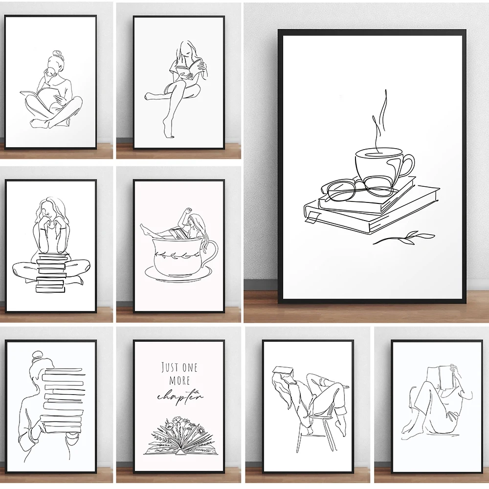 Кофейная абстрактная девушка Книга линия рисунок Художественная печать черный