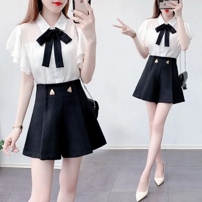 

2022 Women's Summer Fashion Sweet Suits Female Short Sleeve Bow Chiffon Shirts + High Waist Shorts Ladies Two-piece Sets Y57