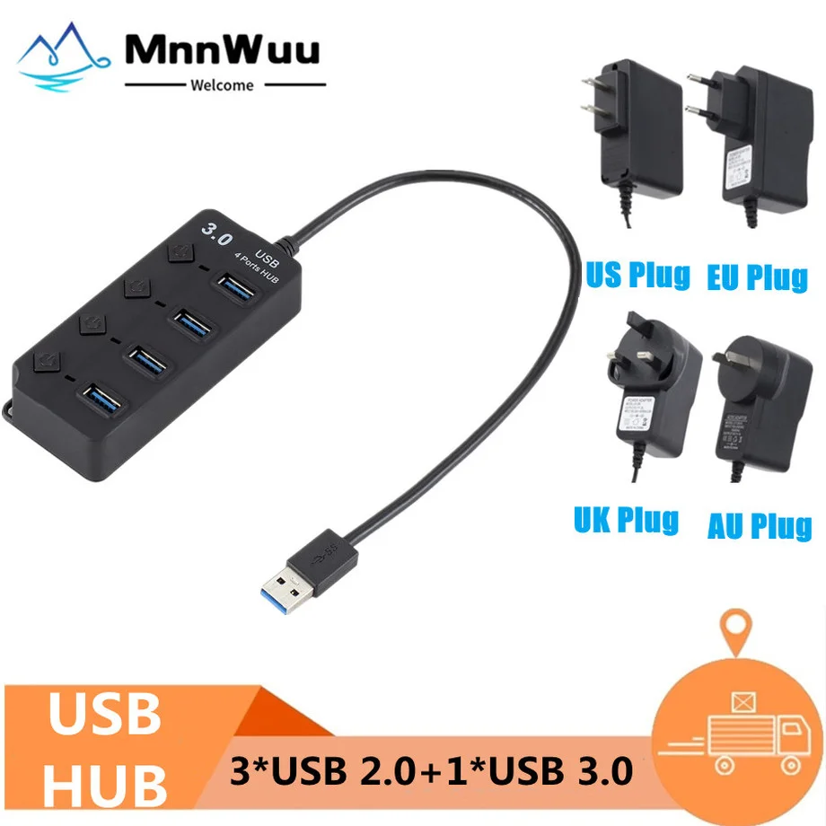 

Usb-хаб Высокоскоростной 4-портовый USB 3,0 2,0 разветвитель концентратора ВКЛ./ВЫКЛ. С адаптером питания EU/US для MacBook ноутбуков и ПК с индикатором