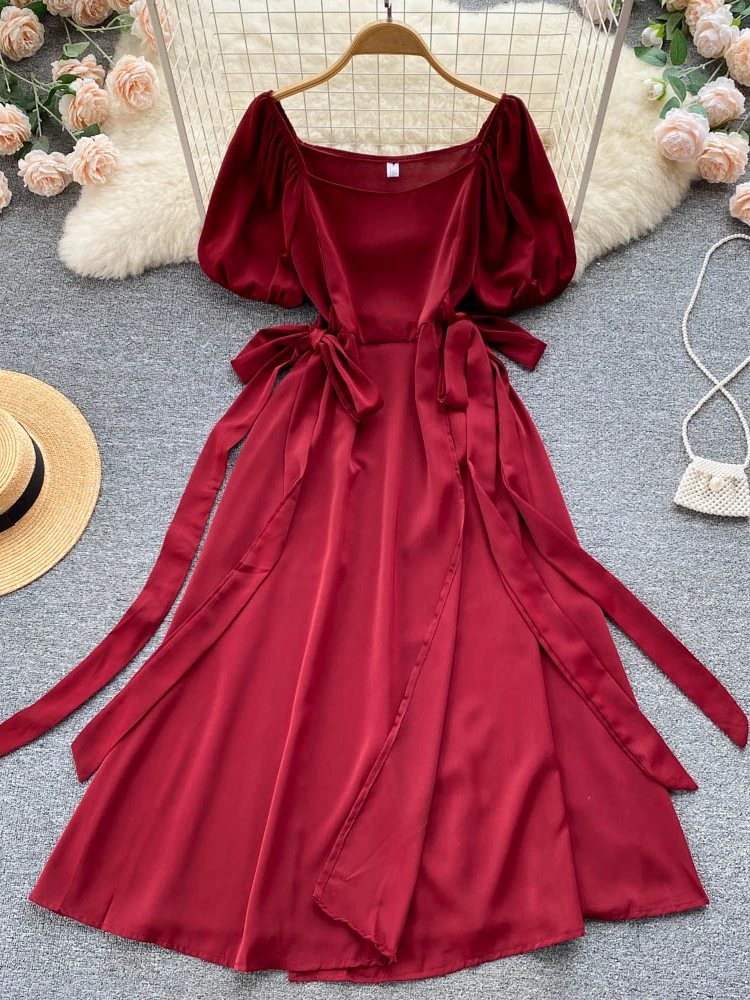 

Женское шифоновое платье Aibeautyer, повседневное однотонное короткое ТРАПЕЦИЕВИДНОЕ ПЛАТЬЕ до середины икры с квадратным вырезом и высокой та...