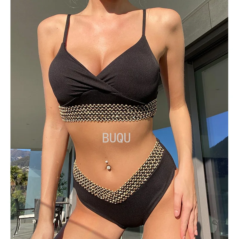 Buqu Sexy Bikini Women's Black Ribbon Trim Women's Swimsuit V Waist 2 Piece Set Women Summer Beach 2022 New Women's Swimsuit