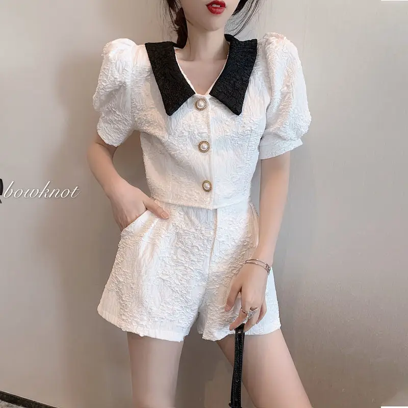 

Женский летний комплект из 2 предметов, свободная рубашка с коротким рукавом и шорты с высокой талией и широкими штанинами, S152, 2022