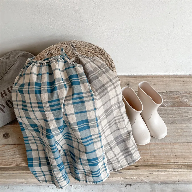 

2022 Summer Kid Grils Jumpsuits Children Boy Plaid Playsuits Toddler Cotton And Linen Overalls Soft Baby Knee Lenght Pant