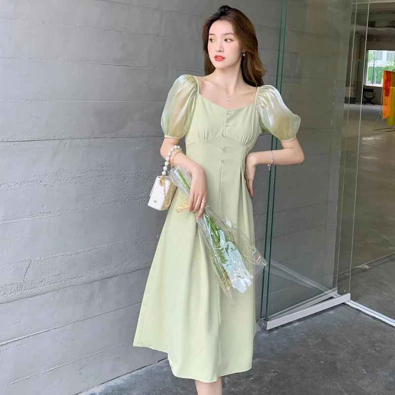 

COIGARSAM Women's Summer Dress 2022 New Puff Sleeve Backless Pearl High Waist Light Green Lake Blue Dresses Dropshipping