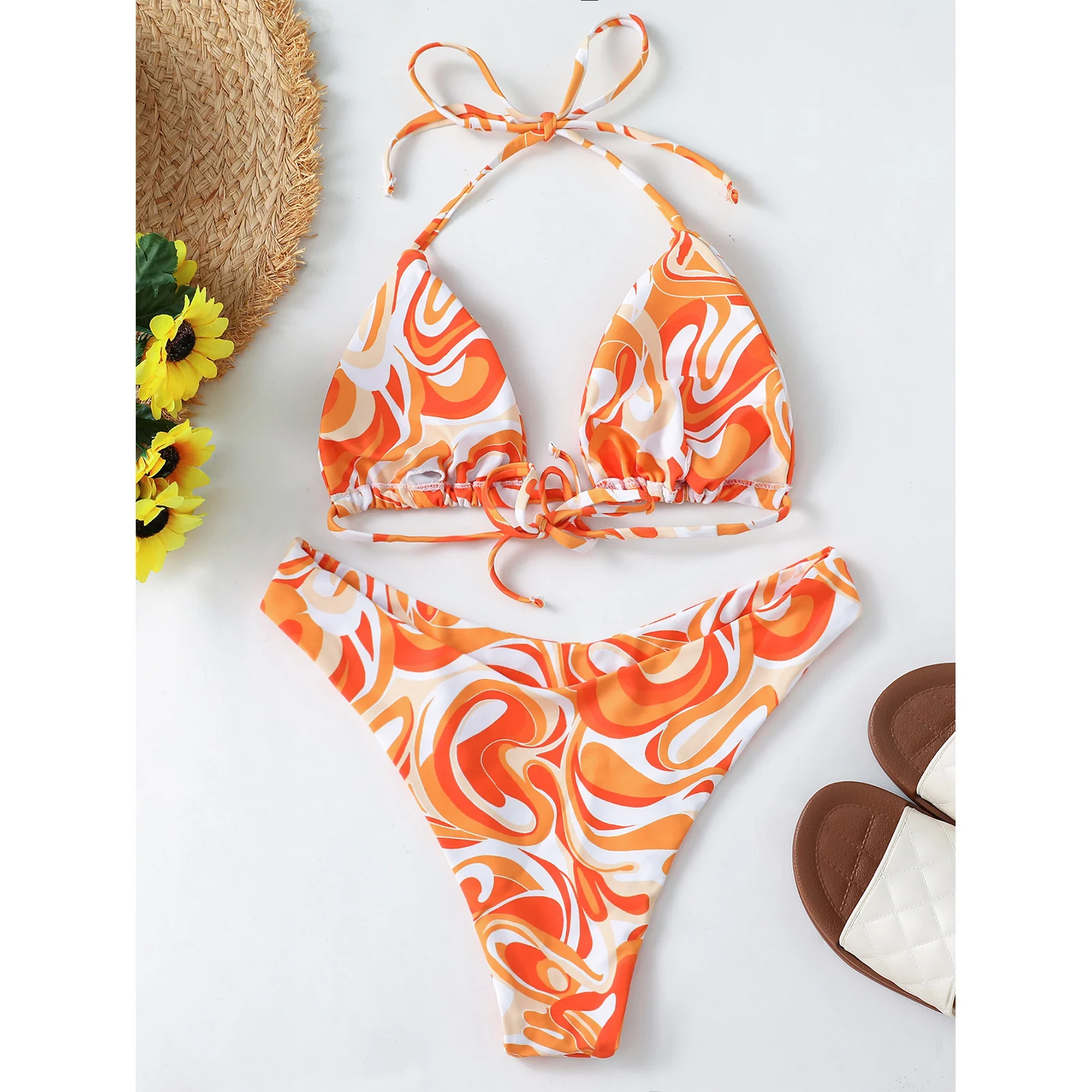 

Women Sexy Bikini Set Women's Triangle Cup Lace Up Bikini Sets Women's Floral Print Sexy Backless Bathing Suit For Women 1PCS