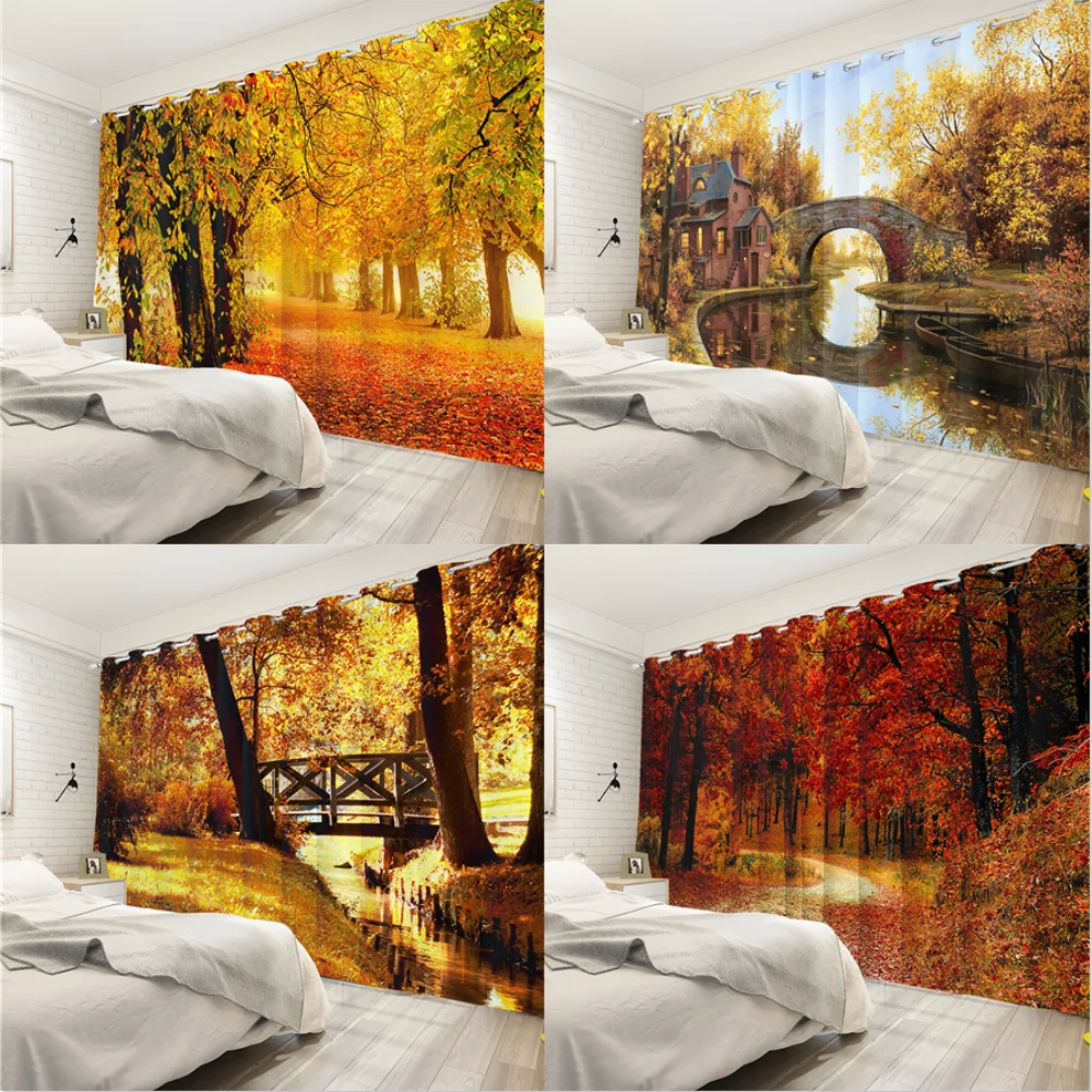 

Laeacco 3D Forest Natural Forest Scenery Window Curtains Yellow Falling Leaves Drapes Suit For Bedroom Living Room Blackout