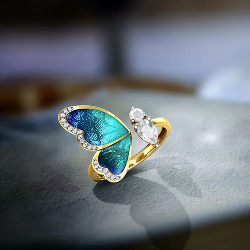 

Huitan Fashion Colorful Bow Open Ring for Women Blue Wing Crystal Zircon Gold Color Dancing Party Delicate Girl Resizable Rings