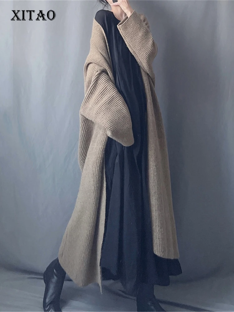 

XITAO Cardigans Sweater Fashion Women Solid Color Pleated Knitted Full Sleeve Goddess Fan Casual Style Loose Sweater FBB1052