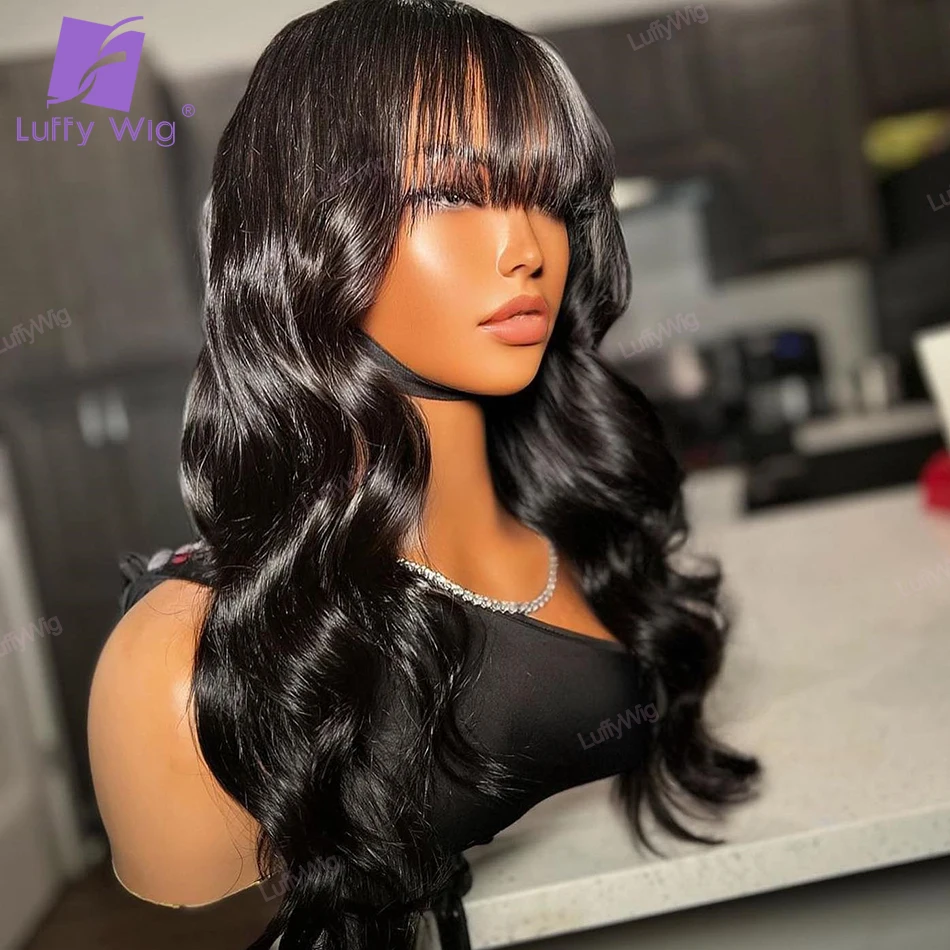 Body Wave Human Hair Wigs With Bangs Brazilian Full Machine Made Wig With Bang Long Natural Remy Human Hair For Women Fake Scalp