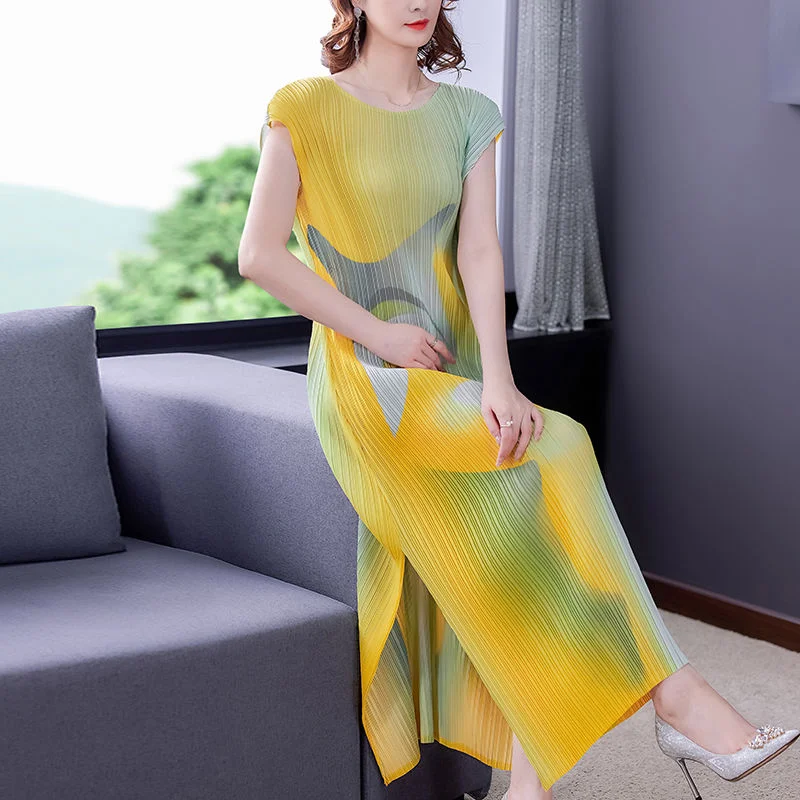 Pleated dress female summer medium-length tank top with four seasons of westernization slimming sleeveless printed dress female