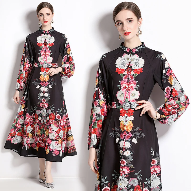 

Women's Spring New High-end Style Stand-up Collar Long-sleeved Button Retro Print High-waisted Slim Fashion Dress with Belt