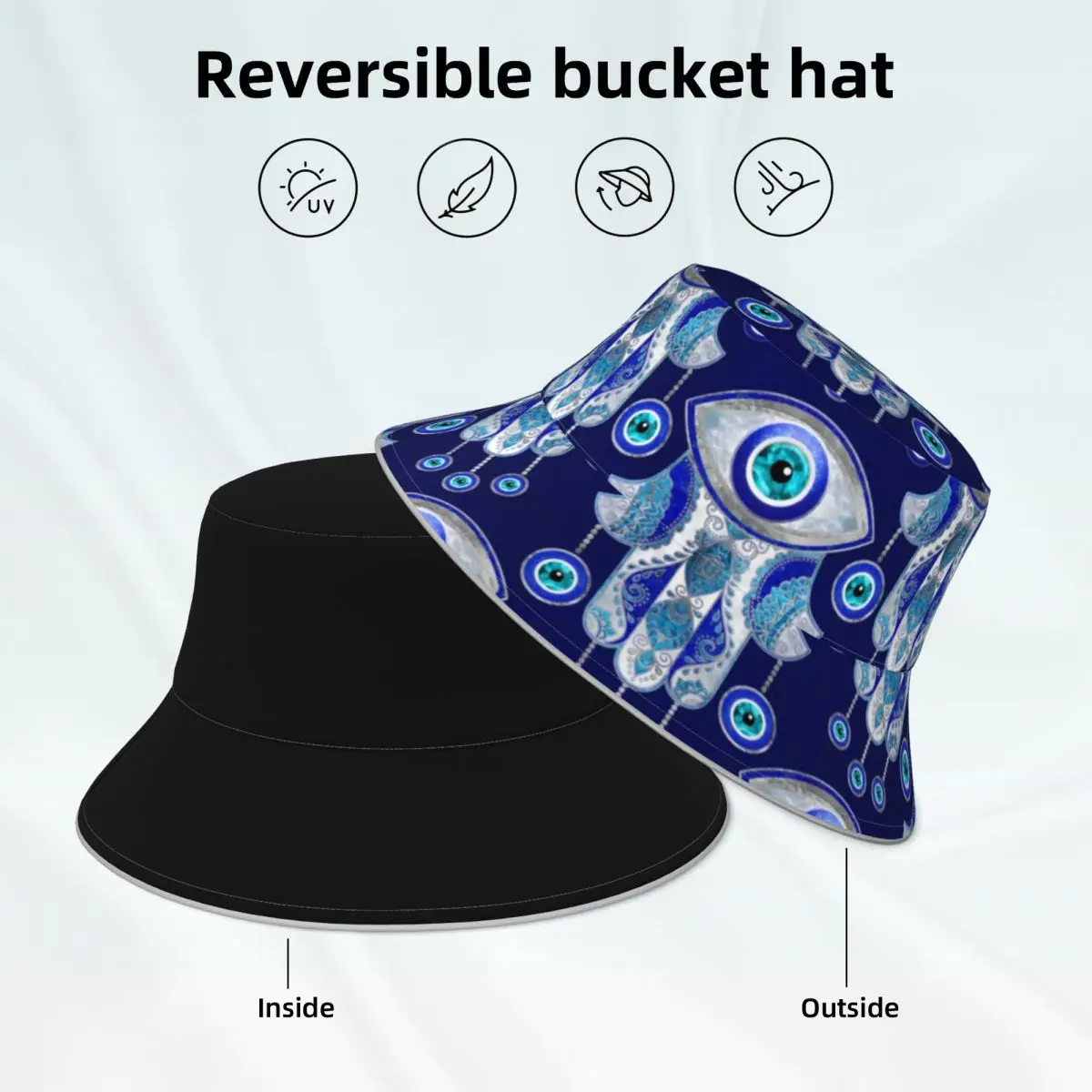 

Hamsa Hand Bucket Hat Evil Eye Print Fashion Streetwear Fisherman Hats Double-sided Wear Custom Reflective Sun Hat