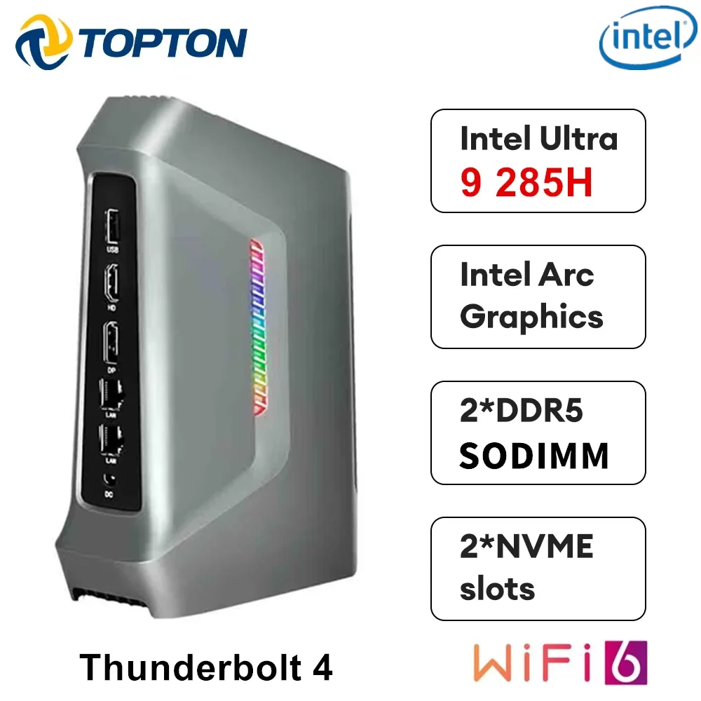Фото Игровой мини-ПК Topton F12 с 2x2.5G LAN, AI-функциями, процессором Intel Core Ultra 9 285H/7 255H 15-го поколения, Thunderbolt 4, 2xDDR5, 2xPCIe, Windows 11, RGB-подсветкой и WiFi6 №2