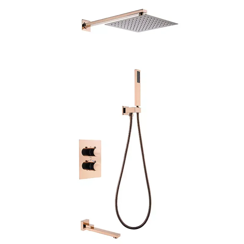 

Luxury Matte Black Shower Faucet Wall Mounted Thermostatic 3 Function Bathroom Shower Set All Brass 8 Inch Top Spray