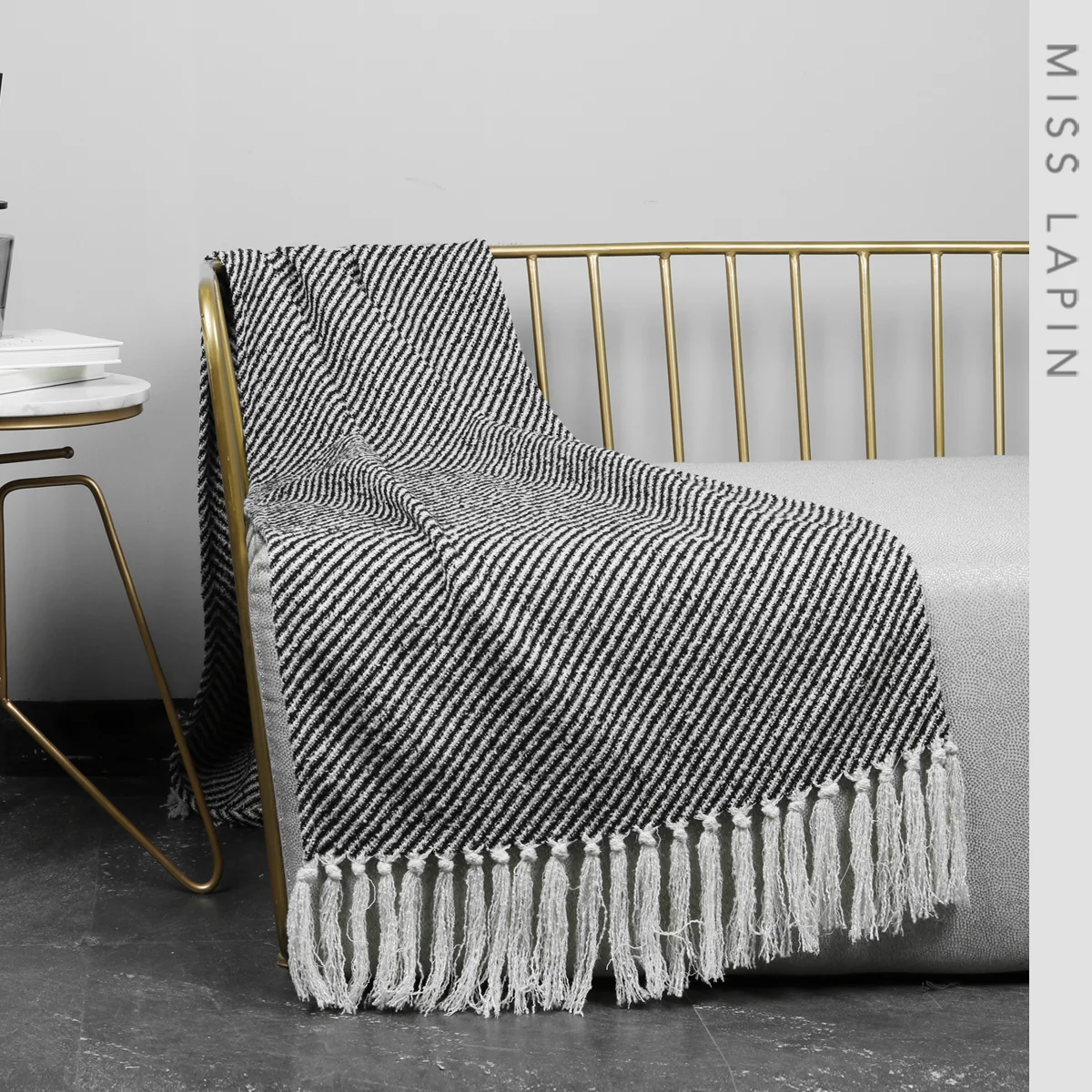 

MISS LAPIN Bed Runner Black and White Twill Pattern Sofa Wool Blend Decorative Throw Blanket with Tassels