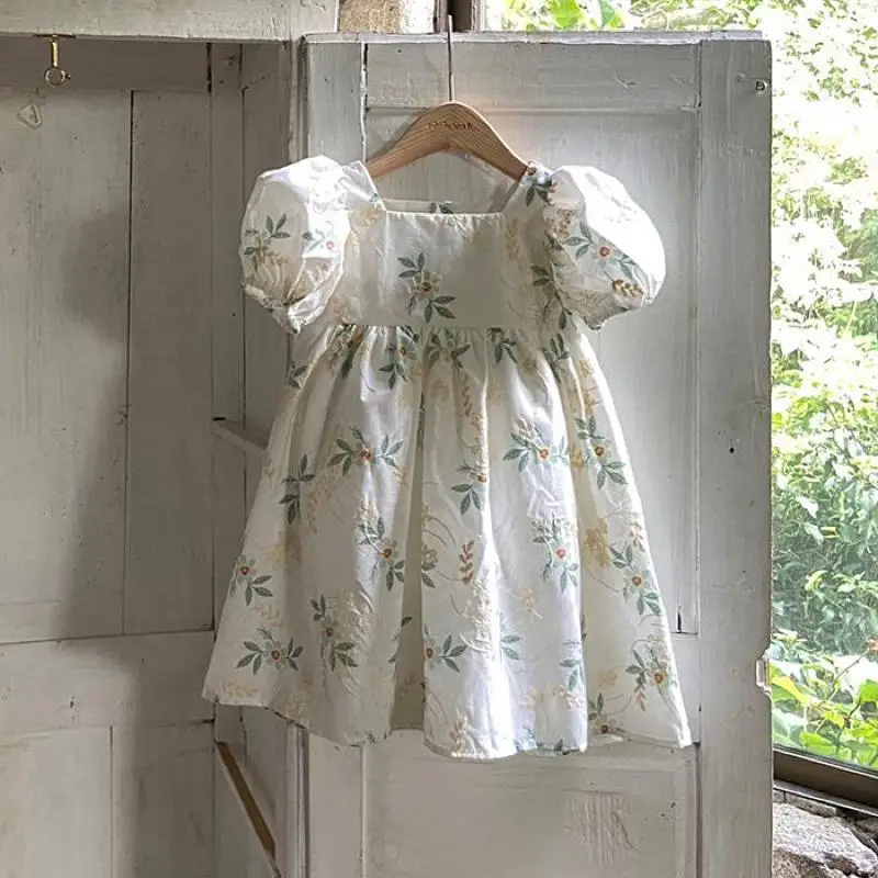 

Girls Vintage Embroidered Floral Dress Korean Children's Clothing 2022 Summer Kids Short-Sleeved Dresses Baby One Piece Clothing