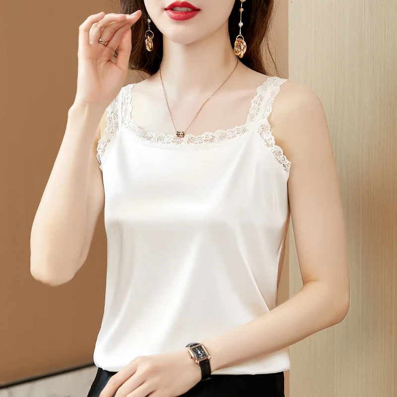 

Summer SILK Lace Camis SATIN Solid Patchwork Inner Tank Tops For Women