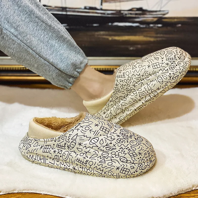 

Men's Winter Warm Slippers Women Plush Shoes Coupls Fuzzy Garden Shoes Water-proof Fashion Clogs Non-slip Furry House Slippers