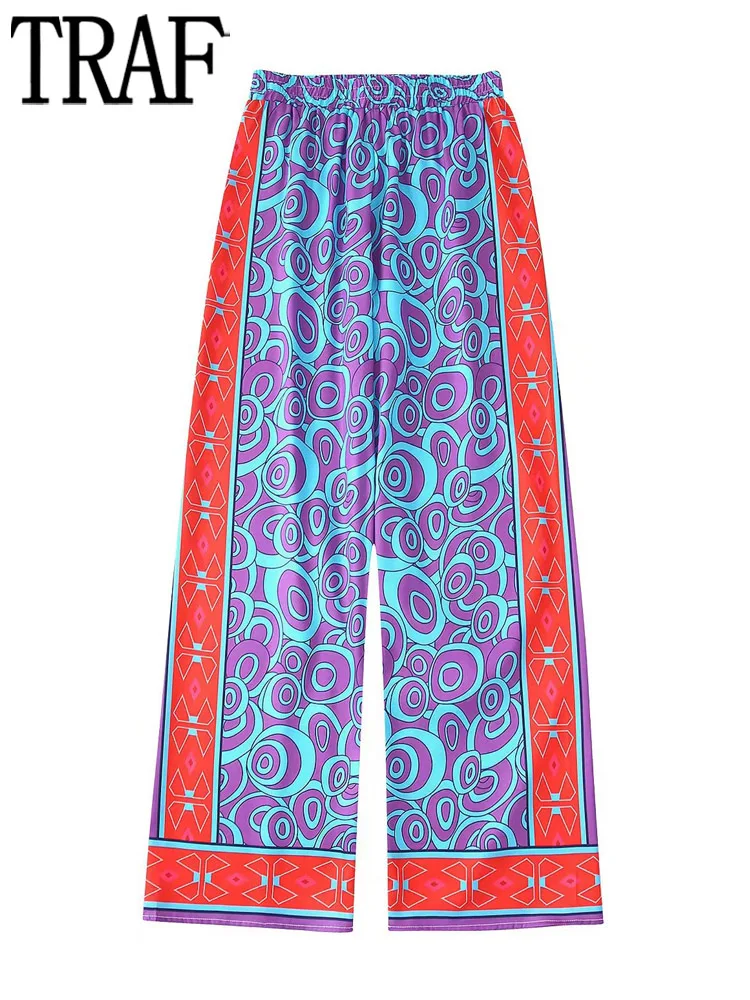 

TRAF Print Wide Leg Pants Women Boho High Waisted Woman Trousers Summer Pleated Baggy Pants for Women Fashion Y2K Loose Trousers