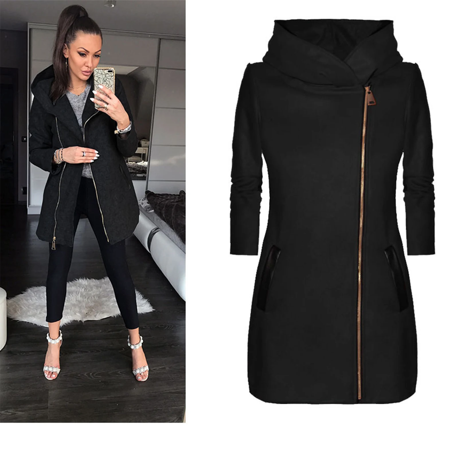 

2022 New Womens Winter Jacket Coat Fashion Women Zipper Mid-Length Coat for Spring Fall Solid Color Long Sleeve Hooded Coat