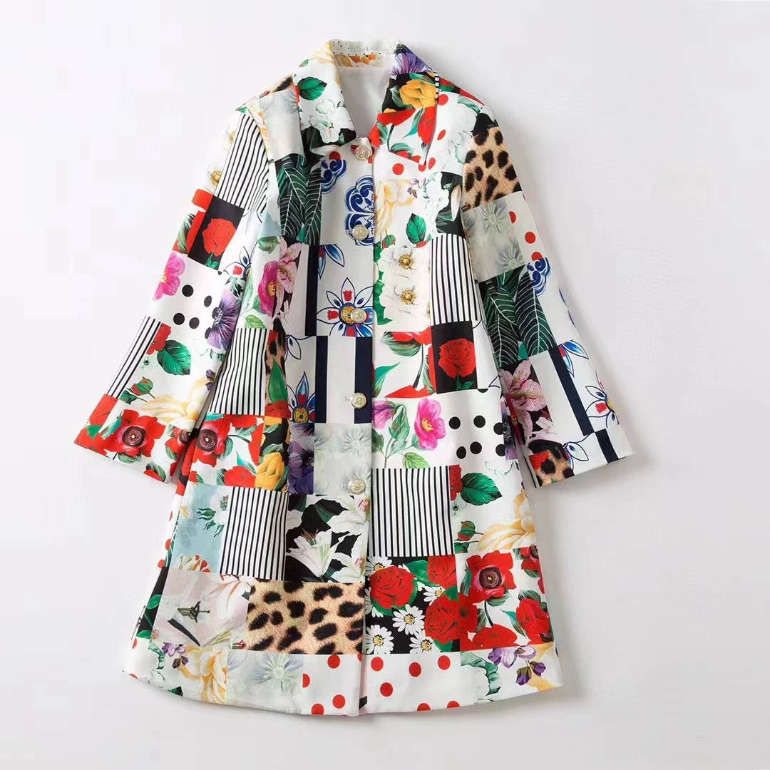 

New European and American women's wear for winter 2022 Long sleeve single breasted floral print leopard print trench coat XXL