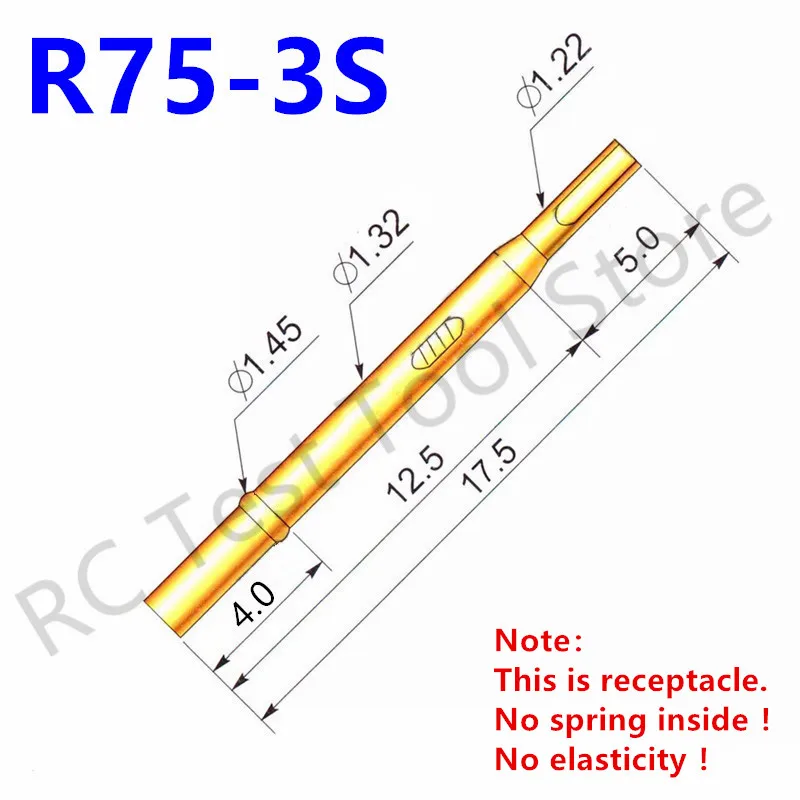 100pcs R75-3S Test Pin Receptacle Needle Sleeve Needle Seat Spring Detection Probe Needle Sleeve Length 17.5mm No Elasticity