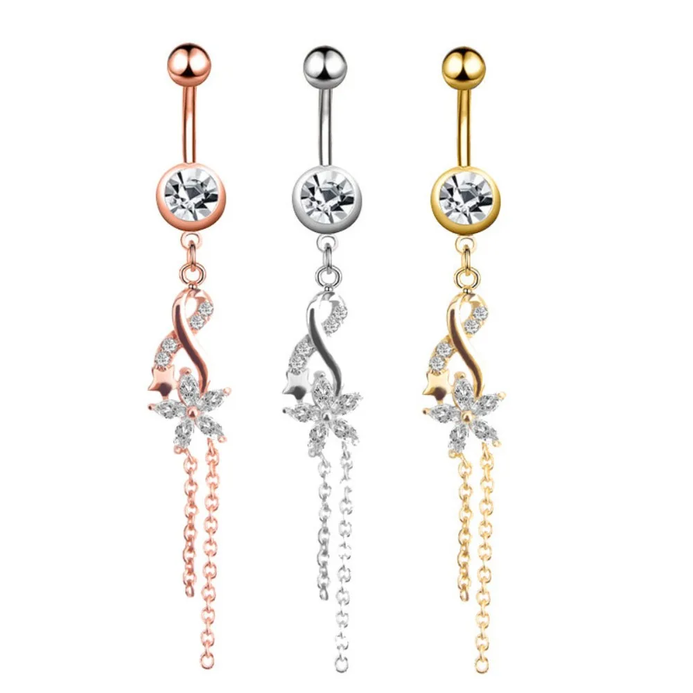 Кольцо для пупка из нержавеющей стали с цирконом длинная короткая цепочка