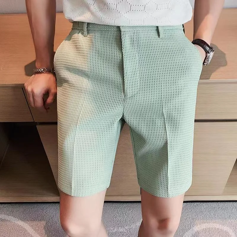 

Waffle Suit Shorts For Men's Summer Thin 5 Point Half Pants Casual Trendy Streetwear Men Clothes Korea Light Green Coffee
