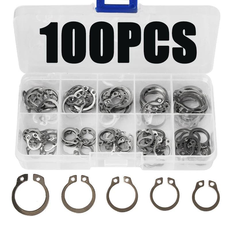 

100 шт. Нержавеющая сталь 304 M8 M9 M10 M11 M12 M13 M14 M15 M16 M18 Стопорное кольцо E-зажим Разъемные шайбы + 1 шт. плоскогубцы стопорного кольца