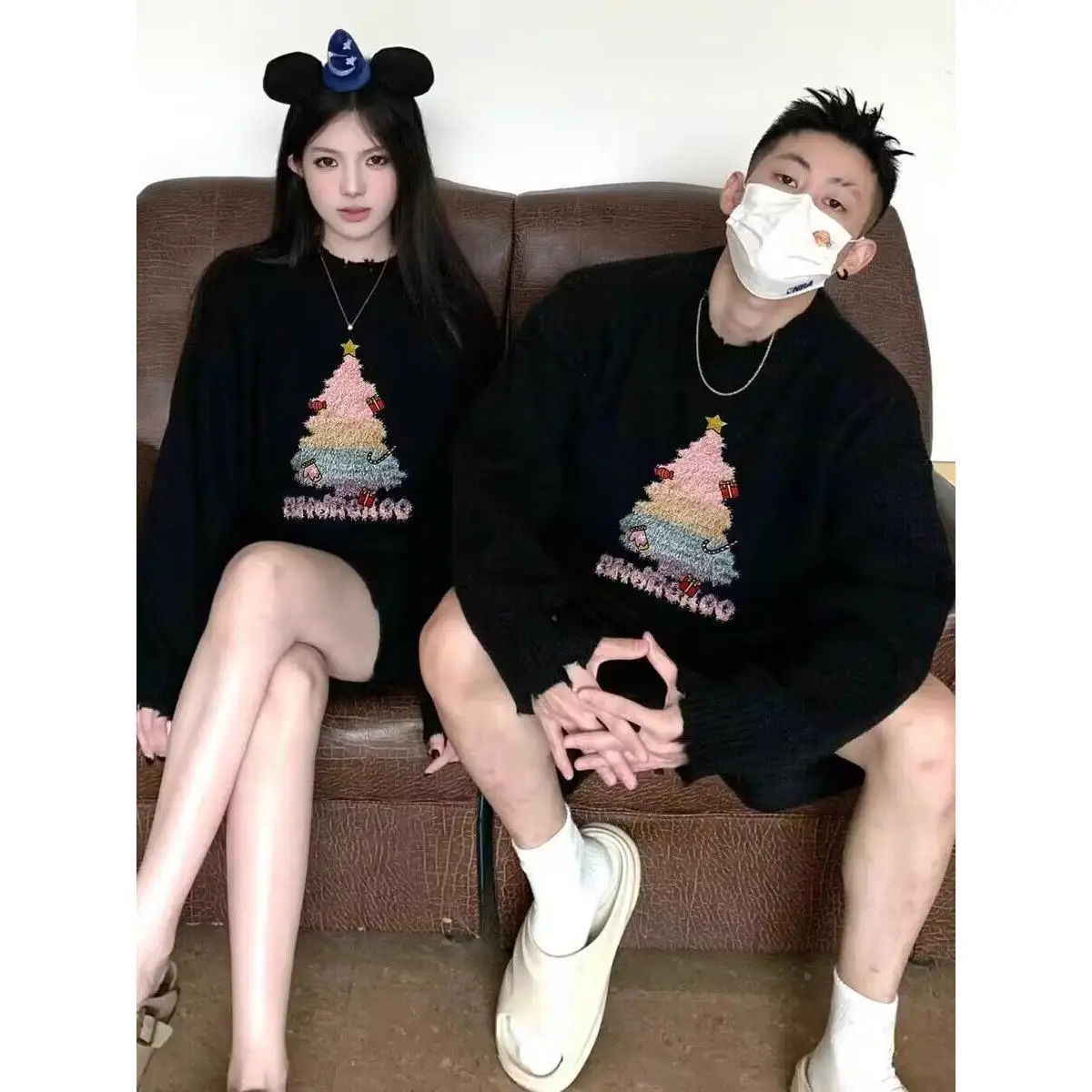 Christmas Couple Wear Fall and Winter New Arrival 2024 Year Red Sweater Battle Gown Matching Clothes |