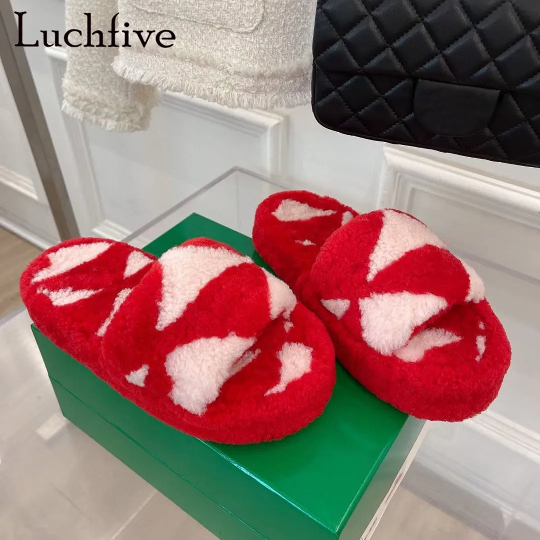 

Fluffy Thick Sole Women Slippers Peep Toe Indoor Shoes Woman Slip On Mule Loafers Spring And Autumn Patchwork Flats Ladies Shoes