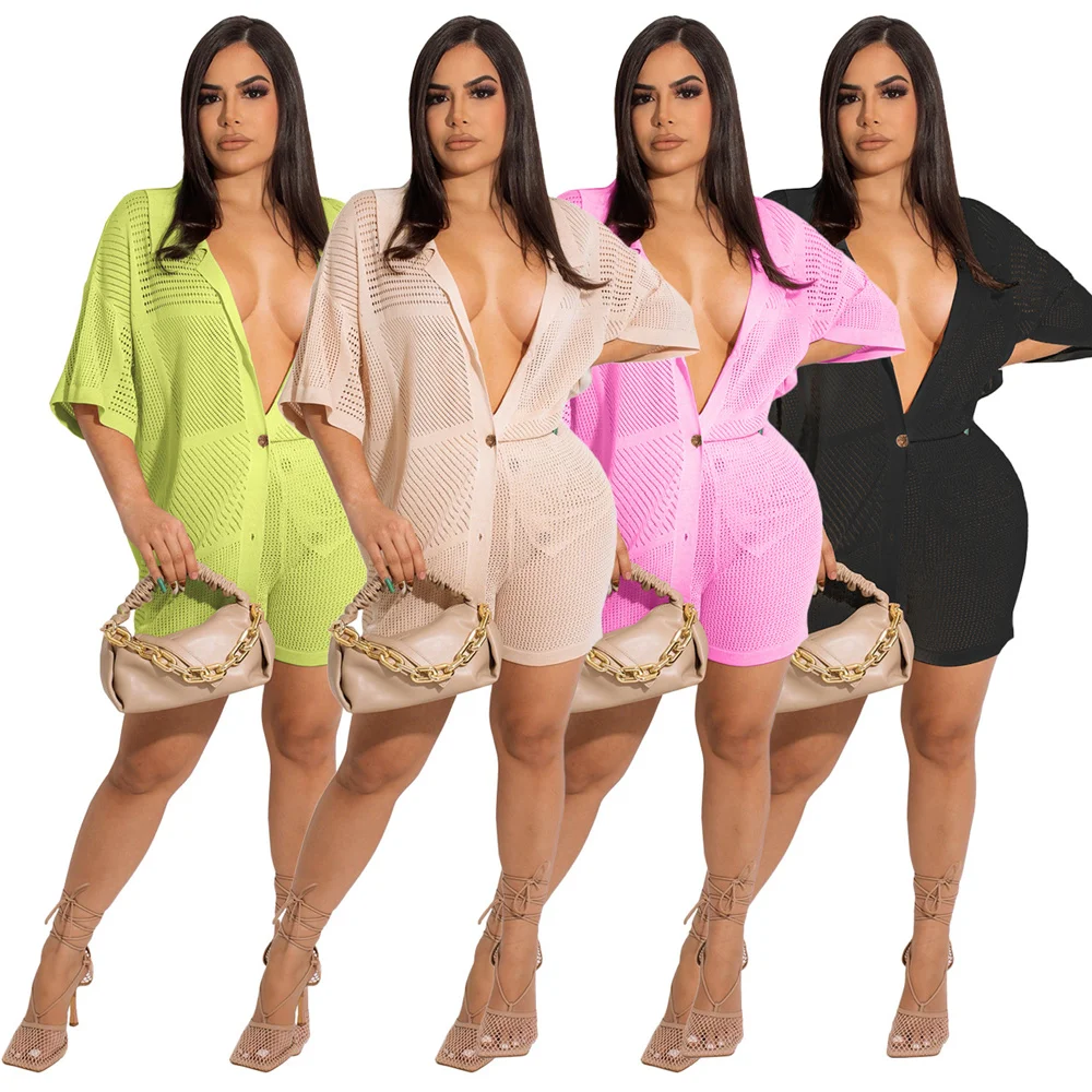 

Sexy Knitted Sweater Cardigan Polo Shirt and Shorts Two Piece Set Women Clothing Fall Outfits 2022 Fashion Street Matching Sets