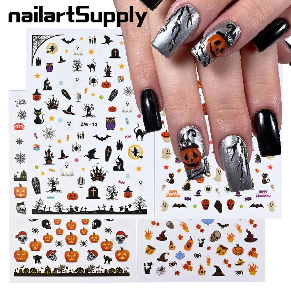

Nail Art Stickers Halloween Pumpkin Sticker for Nails Ghost Specter Design Manicure Art Decal 3D Back Glue Nail Art Wraps Slider