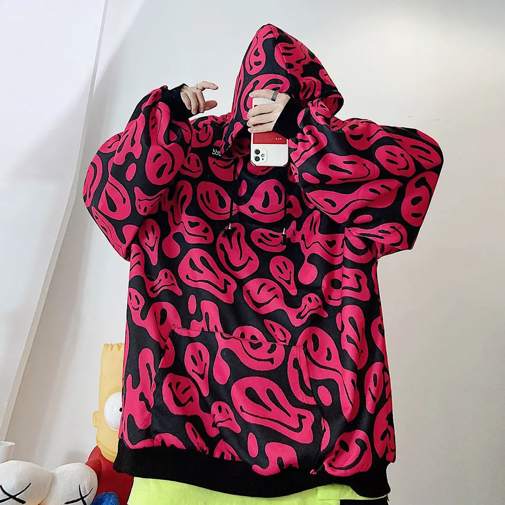 

Pullover winter red hooded hiphoptidebrand grimace plus velvet hooded sweater ins couple Korean version loose thickened top coat
