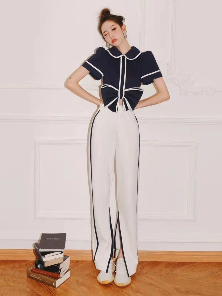 

Костюм с брюками для женщин, свитшот с воротником-поло и повседневные спортивные брюки с широкими штанинами, комплект из двух предметов, Нов...