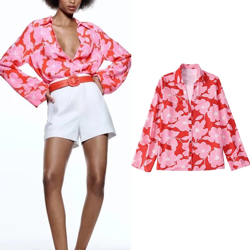 

2022 Spring Women Fashion Flower Print Shirt Vintage Long Sleeve Single-breasted Lapel Female Mid-length Shirt Chic Top BB22568