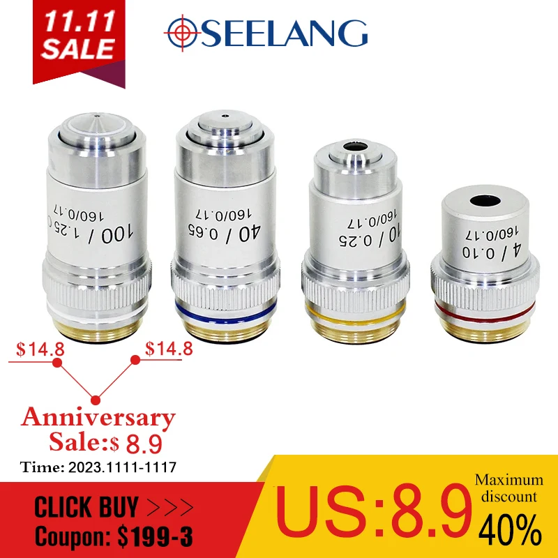 

OSEELANG Microscope Objective Lens 4X 10X 40X 100X 195 Achromatic Objective Biological Microscope parts accessories