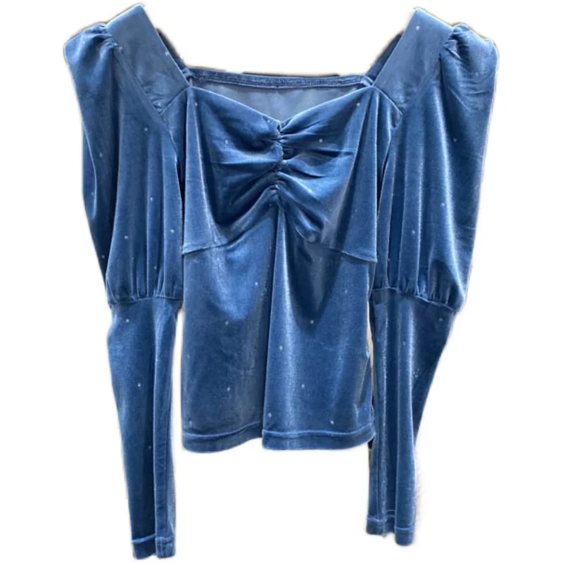 

Ретро high-end блузка Золотая Бархатная блуза женский сексуальный отстрочкой по краю рубашка с рукавом-фонариком рукав летнее платье размера п...