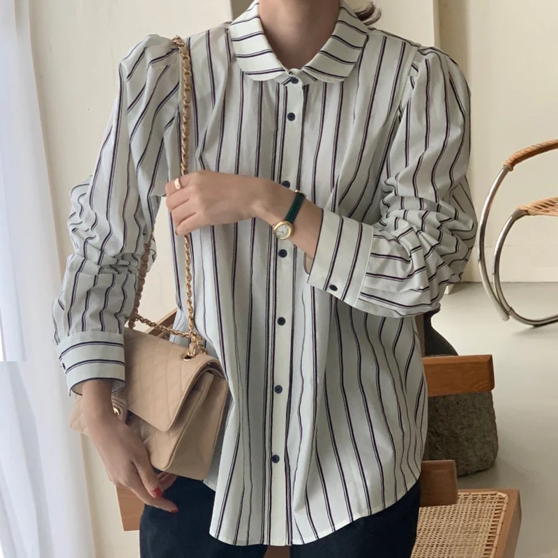 

Корейская шикарная Весенняя элегантная Ретро рубашка с отложным воротником контрастных цветов однобортная Свободная рубашка с пышными ру...