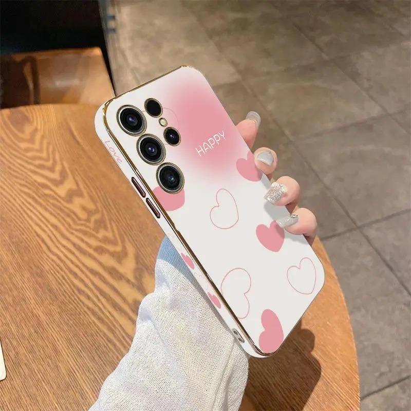 Pink Heart Luxury Plating Phone Case For Samsung Galaxy S23 S22 S21 S10 S9 S8 Plus Note 20 ultra 10 Plus Cover