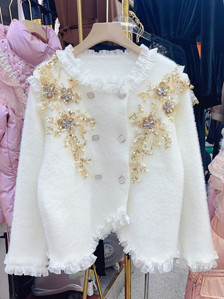 

Heavy Industry Beads Artificial Mink Fur Sweater Coat Womans 2023 Autumn and Winter New Lace Patchwork Knitting Top Cardigan